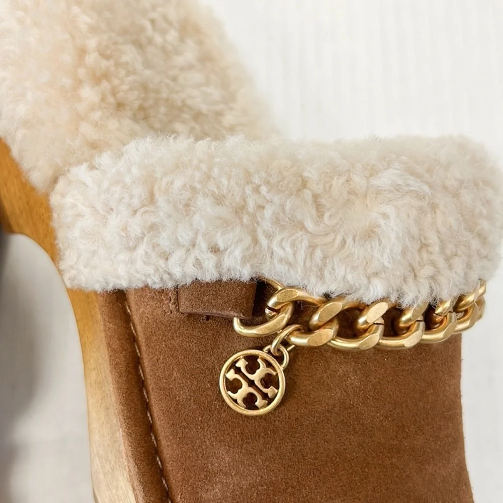 Tory Burch Benton wooden fur suede clogs
